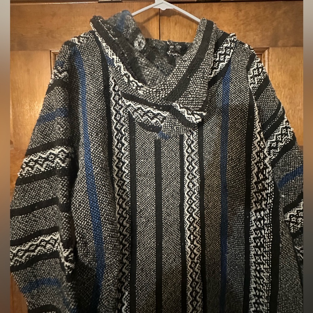 Baja Joe Gray Striped Mexican Baja Hooded Poncho - Small - Picture 6 of 12